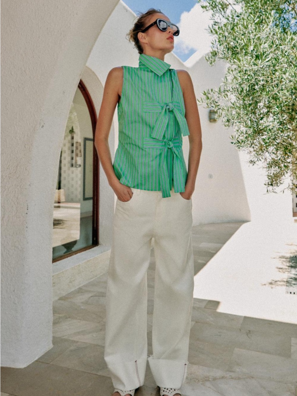 BNWT XS Zara Sleeveless Green Striped Tie-Front Top